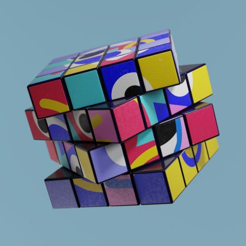 A rubik cube with images on all out of order